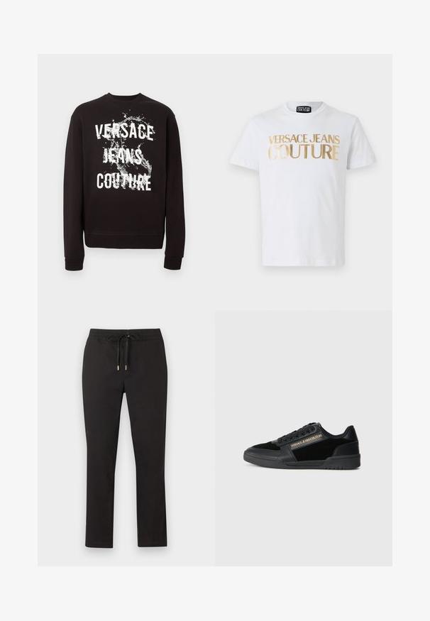 Sweatshirt noir à manches longues avec texte blanc "Versace Jeans Couture" et motif éclaboussure d'eau sur le devant. Poignets et ourlet côtelés.; T-shirt en coton blanc avec un lettrage doré en gras "VERSACE JEANS COUTURE" sur le devant. Col rond et manches courtes.; Pantalon noir à jambes droites avec ceinture élastique et cordon de serrage à embouts métalliques, posé à plat sur un fond clair.; Baskets noires avec une finition en cuir lisse et des accents en daim. Présentent un design basse, des lacets et des détails en logo doré sur le côté.