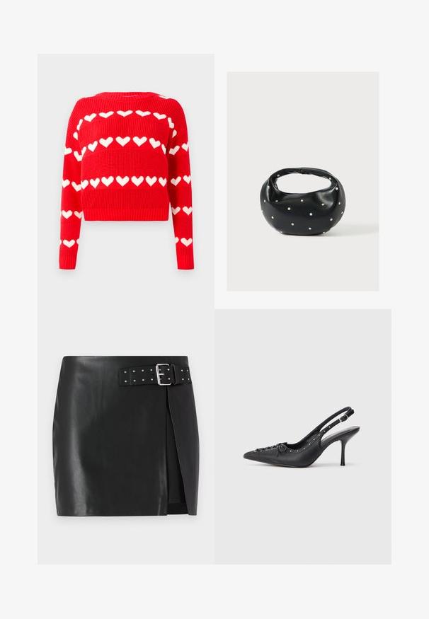 Pull court en tricot rouge avec des motifs de cœurs blancs. Doté d'un col rond et de poignets et d'un ourlet côtelés. Texture douce et coupe décontractée.; Mini-jupe en simili cuir noir avec une ceinture réglable comportant une boucle en argent et des clous décoratifs, design à enroulement avant et texture lisse.; Escarpin en cuir noir à talon aiguille avec un bout pointu, une bride latérale à boucle, des clous le long du bord et un laçage décoratif à l'avant.; Sac à main en cuir noir de forme arrondie, décoré de clous argentés et équipé d'une poignée courte. Texture lisse et fermeture éclair.