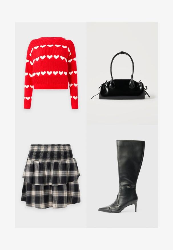 Pull court en tricot rouge avec des motifs de cœurs blancs. Doté d'un col rond et de poignets et d'un ourlet côtelés. Texture douce et coupe décontractée.; Jupe à volants à carreaux noir et blanc avec taille smockée. Avec des couches froncées et une texture douce en coton.; Bottes noires en cuir montant jusqu'au genou, avec un talon fin, un bout pointu et des détails de lanière à la cheville. Texture lisse et design ajusté.; Petit sac à main noir brillant avec deux longues anses et des détails à cordon sur les côtés sur un fond clair uni.