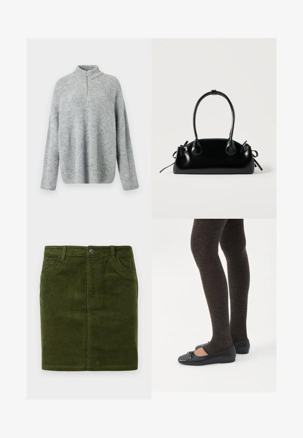 Pull en maille gris clair avec un col haut et une fermeture éclair mi-longue ; possède une coupe décontractée et une texture côtelée sur l'ensemble du tissu.; Jupe en velours côtelé vert foncé à coupe droite, dotée d'un design à cinq poches et d'une fermeture à bouton en métal à la taille.; Jambes portant des leggings côtelés foncés associés à des ballerines noires avec de petits détails en nœud sur fond blanc.; Petit sac à main noir brillant avec deux longues anses et des détails à cordon sur les côtés sur un fond clair uni.