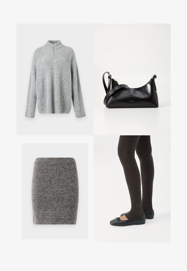 Pull en maille gris clair avec un col haut et une fermeture éclair mi-longue ; possède une coupe décontractée et une texture côtelée sur l'ensemble du tissu.; Jupe mini grise ajustée en tissu texturé. Coutures lisses sans fermetures visibles. Design simple et dépouillé.; Jambes portant des leggings côtelés foncés associés à des ballerines noires avec de petits détails en nœud sur fond blanc.; Sac à main en cuir noir avec une texture lisse. Dispose d'une bandoulière adjustable et d'un design élégant et minimaliste avec une fermeture éclair.