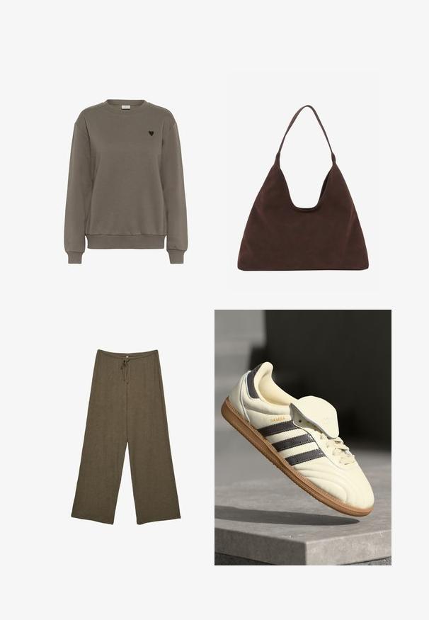 Sweatshirt en coton marron avec un col rond, des poignets et un ourlet côtelés. Présente un petit logo en forme de cœur noir sur la zone gauche de la poitrine.; Pantalons à jambes larges en vert olive, fabriqués à partir d'un tissu texturé. Équipés d'une taille élastique avec un cordon de serrage pour un ajustement réglable.; Baskets en cuir crème avec trois bandes sombres, une semelle extérieure en gomme marron et un bout arrondi. Présentent une languette pliable étiquetée "SAMBA."; Sac à bandoulière en daim marron avec une large sangle unique et une forme triangulaire et décontractée sur fond blanc.