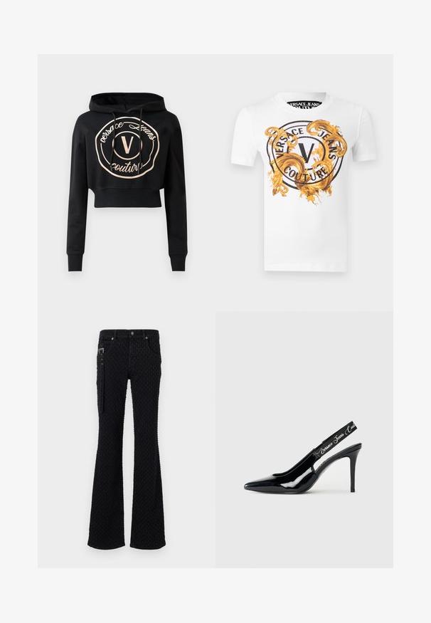 Sort cropped hoodie med lange ærmer, der har et cirkulært logo i rose guld og snore i halsen. Lavet af blødt stof.; Hvid kortærmet t-shirt med et sort cirkulært "Versace Jeans Couture"-logo og udsmykkede gyldne barokstil-swirls på forsiden.; Sorte flared jeans med et tekstureret stof og et subtilt mønster, sølvhardware og frontlommer. Lynlåsdetaillering på siden.; Sorte patentlæder slingback hæl med spidse tæer, der har en udskåret sektion og en elastisk rem prydet med mærkenavnet.