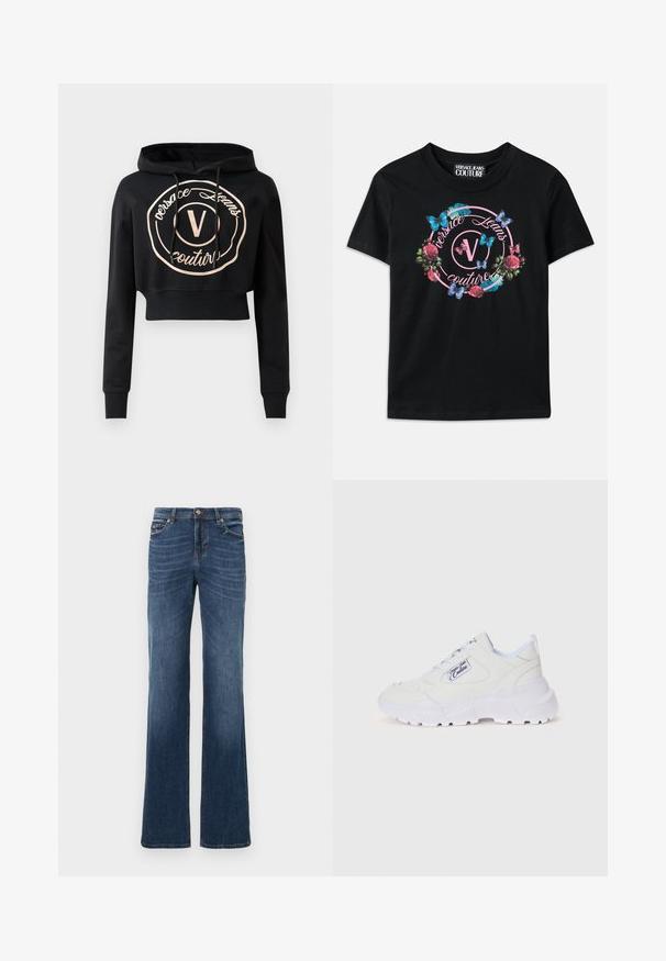 Hoodie noir court avec des manches longues, présentant un logo circulaire en rose gold et des cordons de serrage au niveau du col. Fabriqué en tissu doux.; T-shirt noir avec un graphique coloré de fleurs et de papillons, agrémenté d'accents roses et bleus. "Versace Jeans Couture" imprimé dans un design circulaire.; Jean en denim bleu foncé avec une coupe droite, coutures intactes, un léger délavage à l'avant, et une fermeture classique à boutons et à zip.; Baskets blanches en matériau synthétique texturé avec une semelle épaisse et robuste. Les caractéristiques comprennent des lacets, un col rembourré et un détail de logo.