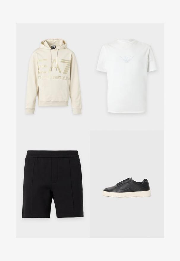 Φούτερ μπεζ χρώματος με χρυσλό λογότυπο EA7 Emporio Armani, μπροστινή τσέπη και κορδόνι στην κουκούλα.; Λευκό κοντομάνικο t-shirt με στρογγυλή λαιμόκοψη και ανάγλυφο λογότυπο αετού Giorgio Armani στο κέντρο του στήθους.; Μαύρο σορτς μήκους μέχρι το γόνατο με ελαστική μέση και κάθετες ραμμένες λεπτομέρειες στο μπροστινό μέρος.; Μαύρο δερμάτινο sneaker με υφή, στρογγυλή μύτη και επίπεδη λευκή καουτσούκ σόλα. Διαθέτει μαύρες δέσιμο και λογότυπο στη φτέρνα.