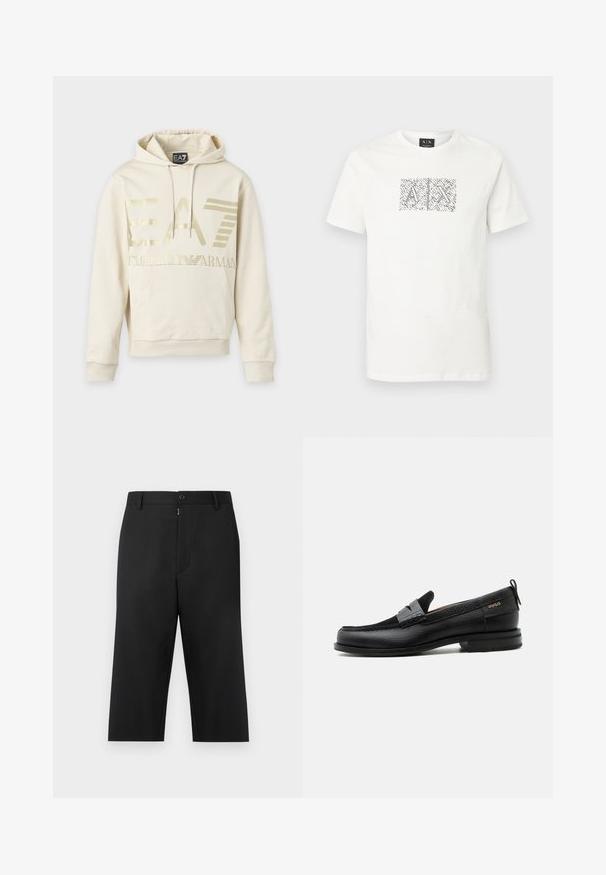 Φούτερ μπεζ χρώματος με χρυσλό λογότυπο EA7 Emporio Armani, μπροστινή τσέπη και κορδόνι στην κουκούλα.; Άσπρη κοντομάνικη μπλούζα με στρογγυλή λαιμόκοψη, με αφηρημένο ασπρόμαυρο γραφικό που απεικονίζει επικαλυπτόμενα γράμματα "A" και "X" στο κέντρο του στήθους.; Μαύροι cropped παντελόνια από λείο ύφασμα, με φερμουάρ και κουμπί μπροστά, θηλιές για ζώνη και πλαϊνές τσέπες.; Μαύρος δερμάτινος λόφερ με γκρι λουράκι, χαμηλό τακούνι και υφασμένο πέλμα, με το λογότυπο "HUGO" σε χρυσό στο πλάι.