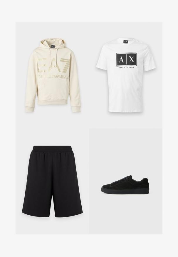 Φούτερ μπεζ χρώματος με χρυσλό λογότυπο EA7 Emporio Armani, μπροστινή τσέπη και κορδόνι στην κουκούλα.; Λευκό T-shirt με κοντά μανίκια και μαύρο ορθογώνιο λογότυπο Armani Exchange με το κείμενο "A | X" στο κέντρο του στήθους.; Μαύρο σορτς με ελαστική μέση, κατασκευασμένο από μαλακό ύφασμα, με ευθείς γραμμές στα πόδια και χωρίς έντονα σχέδια ή διακοσμήσεις.; Μαύρο σουέτ αθλητικό παπούτσι με επίπεδη, υφασμάτινη σόλα, στρογγυλή μύτη, έξι θηλιές για κορδόνια και μινιμαλιστικό σχεδιασμό.