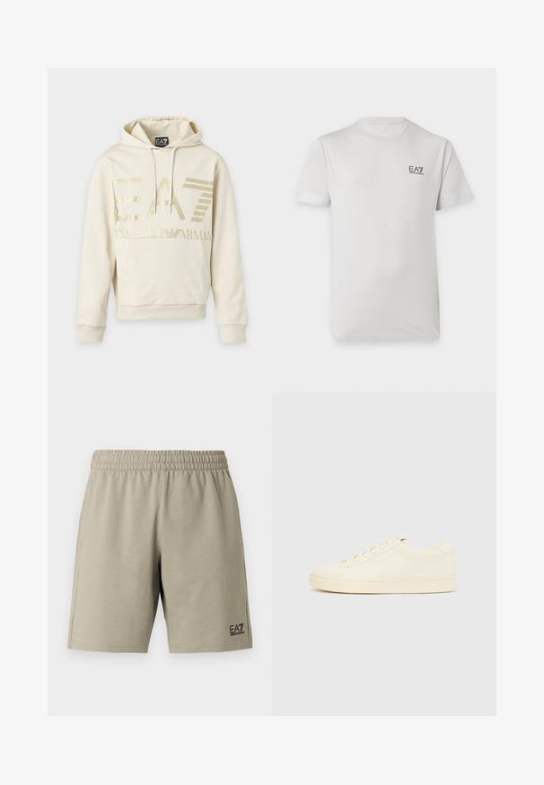 Φούτερ μπεζ χρώματος με χρυσλό λογότυπο EA7 Emporio Armani, μπροστινή τσέπη και κορδόνι στην κουκούλα.; Άσπρο κοντομάνικο μπλουζάκι με στρογγυλή λαιμόκοψη και μικρό μαύρο λογότυπο EA7 Emporio Armani στο αριστερό στήθος.; Φωτεινά μπεζ σορτς φτιαγμένα από απαλό ύφασμα, με ελαστική μέση και πλαϊνές τσέπες. Περιλαμβάνουν ένα μικρό μαύρο λογότυπο στο κάτω μέρος του ποδιού.; Αθλητικό παπούτσι εκρού με λείο δερμάτινο πάνω μέρος, στρογγυλεμένη μύτη, κορδόνια στο μπροστινό μέρος και υφασμένο λαστιχένιο πέλμα. Μινιμαλιστικός σχεδιασμός, χωρίς λογότυπα.