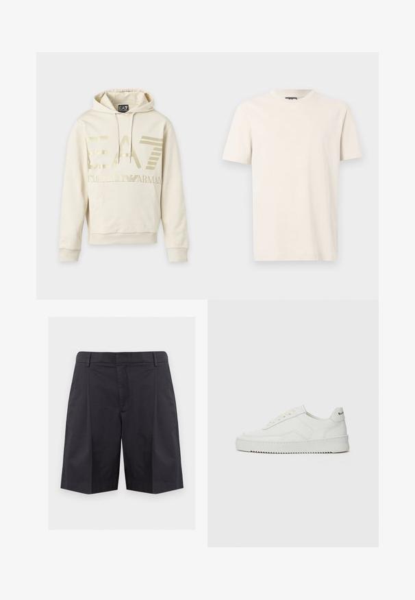 Φούτερ μπεζ χρώματος με χρυσλό λογότυπο EA7 Emporio Armani, μπροστινή τσέπη και κορδόνι στην κουκούλα.; Εκρού κοντομάνικο T-shirt με στρογγυλή λαιμόκοψη και διακριτικό ανάγλυφο λογότυπο "EA7 Emporio Armani" στο ύψος του στήθους, εμφανιζόμενο σε απλό φόντο.; Μαύρα καλοραμμένα σορτς μέχρι το γόνατο με θηλιές για ζώνη και πιέτες μπροστά σε απλό ανοιχτό γκρι φόντο.; Λευκό δερμάτινο sneakers με λείο φινίρισμα, στρογγυλή μύτη, επίπεδα κορδόνια και υφή στην σόλα. Φέρει μια διακριτική λογότυπο στη φτέρνα.