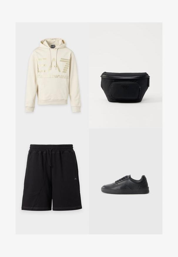Φούτερ μπεζ χρώματος με χρυσλό λογότυπο EA7 Emporio Armani, μπροστινή τσέπη και κορδόνι στην κουκούλα.; Μαύρες βερμούδες μέχρι το γόνατο με ελαστική μέση, ρυθμιζόμενο κορδόνι, πλαϊνές τσέπες και λευκό ραφές αντίθεσης.; Μαύρο δερμάτινο αθλητικό παπούτσι με λεία επιφάνεια, στρογγυλή μύτη, υφασμάτινη πλευρική επένδυση και μαύρες κορδόνες. Διαθέτει επίπεδη ελαστική σόλα και μίνιμαλ σχέδιο.; Μαύρη νάιλον τσάντα με μπροστινή τσέπη με φερμουάρ, που διαθέτει λεία υφή και λογότυπο. Δομή με επιτηδευμένο σχέδιο και αναδιπλούμενη θήκη.
