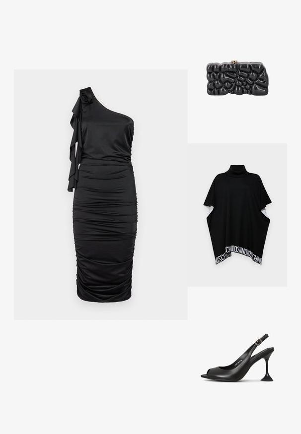 MOSCHINO PONCHO - Poncho - black; Zwarte één-schouderjurk van gladde stof, met ruches aan de mouw, geplooide textuur en een aansluitend ontwerp dat de silhouette accentueert.; Zwarte leren slingback hak met open neus, puntige vorm, smalle hak die uitloopt en een vierkante basis heeft. Textuur oppervlak en gespsluiting.; Glanzende zwarte clutch met een abstract, getextureerd oppervlak en een kleine metalen sluiting bovenop, getoond tegen een witte achtergrond.