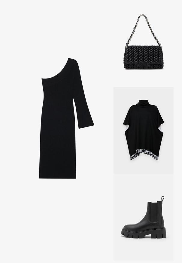 MOSCHINO PONCHO - Poncho - black; Zwarte geribbelde gebreide jurk met een asymmetrische halslijn en een klokmouw, met een nauwsluitende, knielange pasvorm.; Zwarte leren enkelboot met elastische zijkanten, chunky gestructureerde zool en een lus aan de achterkant voor gemakkelijk aan- en uittrekken.; Zwarte gewatteerde lederen schoudertas met zilverkleurige kettingriem en metalen "Karl Lagerfeld" logo op het voorflap.