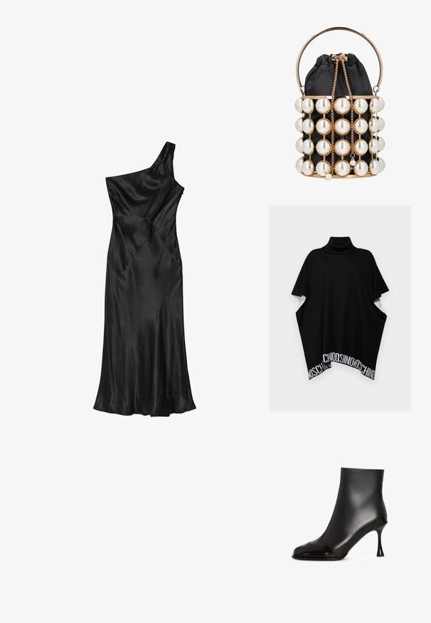 MOSCHINO PONCHO - Poncho - black; Een zwarte satijnen jurk met één schouder, een getailleerd lijfje en een uitlopende rok, met diagonale naden en een gladde textuur overal.; Zwarte enkelboots van soepel leer met een glanzende neus, met een taps toelopende hak en een strak, figuurvormend ontwerp.; Zwarte stoffen bucketbag met gouden frame, versierd met grote namaakparels en een gouden ketting trekkoordsluiting, met een ronde gouden handgreep.