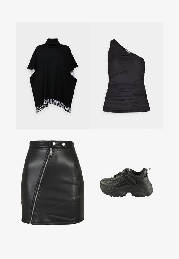 MOSCHINO PONCHO - Cape - black; Schwarzes Top mit einem schulterfreien Design, gefertigt aus elastischem Material, mit Raffung an der Front und einer figurbetonten Passform für eine elegante Silhouette.; Schwarzer Minirock aus Kunstleder mit diagonalem silbernem Reißverschluss und doppeltem Druckknopfverschluss an der Taille.; Schwarzer klobiger Sneaker mit dicker, strukturierter Sohle, Schnürung vorne, gepolstertem Kragen und Zuglasche an der Ferse, seitlich dargestellt.