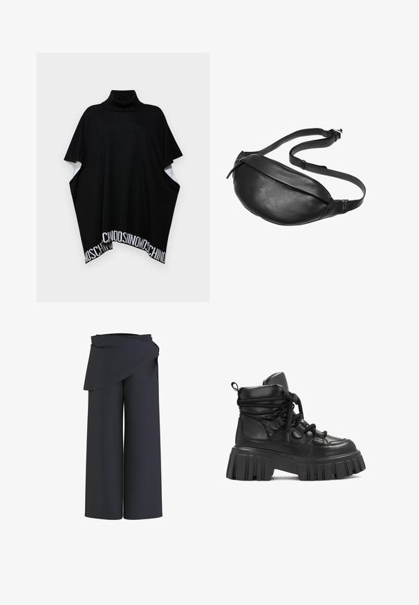 MOSCHINO PONCHO - Poncho - black; Zwarte wijde broek met hoge taille en een wikkelstofdetail aan de bovenkant.; Zwarte enkellaarzen met een gepolsterde kraag, chunky gestructureerde platformzool en stoffen veters. Gemaakt van gladde en textuurrijke synthetische materialen.; Zwarte leren heuptas met een gebogen ontwerp en een gladde textuur. Voorzien van een lange verstelbare schouderriem en een discrete ritssluiting.
