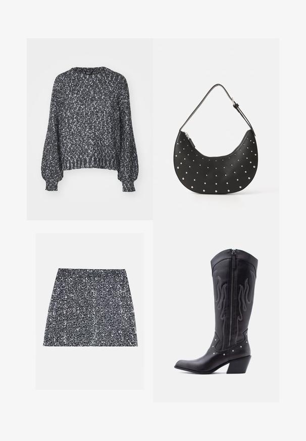 Pull en tricot noir et blanc texturé avec un col rond, des manches ballons longues et des bords côtelés au niveau des poignets et de l'ourlet. Coupe décontractée, matériau chaud.; Mini-jupe en sequins argentés avec un motif texturé et une coupe droite. Le tissu semble brillant et réfléchissant.; Bottes de cow-boy en cuir noir avec bout pointu, coutures apparentes, ornements à clous argentés et fermeture éclair sur le côté intérieur.; Sac à main en cuir noir avec une forme arrondie, orné de clous en argent, doté d'une fermeture éclair et d'une seule sangle ajustable.