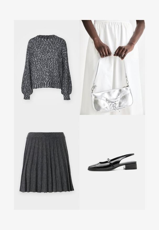 Pull en tricot noir et blanc texturé avec un col rond, des manches ballons longues et des bords côtelés au niveau des poignets et de l'ourlet. Coupe décontractée, matériau chaud.; Vero Moda Knitted VMMARINA Short - Minijupe - dark grey; Chaussure slingback en cuir verni noir avec un petit talon bloc et une fine bride avec une boucle argentée sur le dessus.; Sac à main en métal argenté avec un détail à lacets, arborant un design épuré et une courte sangle. Le sac est tenu dans les mains, mettant en valeur sa texture.