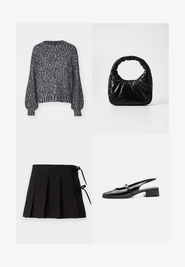 Pull en tricot noir et blanc texturé avec un col rond, des manches ballons longues et des bords côtelés au niveau des poignets et de l'ourlet. Coupe décontractée, matériau chaud.; Jupe plissée noire avec des liens sur les côtés, fabriquée dans un tissu à la texture lisse ; elle présente un design structuré et des lignes épurées.; Chaussure slingback en cuir verni noir avec un petit talon bloc et une fine bride avec une boucle argentée sur le dessus.; Sac à main noir rembourré avec une poignée arrondie, présentant une surface lisse et brillante ainsi qu'une texture douce et matelassée. Pas de quincaillerie ou d'accents visibles.
