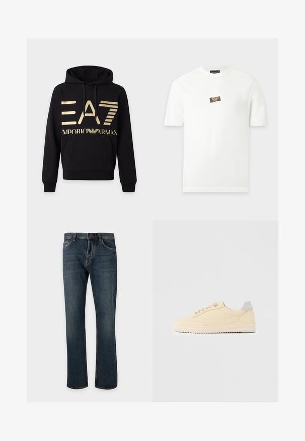 Μαύρο φούτερ με κουκούλα και χρυστό λογότυπο EA7 Emporio Armani στο στήθος και μπροστινή τσέπη καγκουρό.; Άσπρη κοντομάνικη μπλούζα με μικρό κεντρικό λογότυπο που απεικονίζει ένα στυλιζαρισμένο αετό σε μπεζ και καφέ στο στήθος.; Σκούρο μπλε τζιν με ίσια γραμμή, μπροστινό κουμπί και φερμουάρ, θηλιές για ζώνη και εμφανείς μπροστινές τσέπες πάνω σε απλό ανοιχτό φόντο.; Χαμηλού τύπου μπεζ αθλητικό παπούτσι με κορδόνια μπροστά, ροζ ανοιχτή σόλα και γκρι πίσω τμήμα με την επωνυμία "Filling Pieces", εμφανίζεται σε πλευρική όψη σε απλό φόντο.
