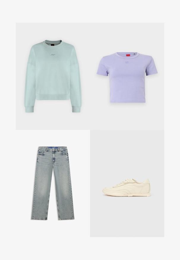 Sweat-shirt court bleu clair à manches longues, poignets et ourlet côtelés, avec petit logo "Boss" en cursive brodé sur la poitrine.; T-shirt en coton violet avec un col rond et des manches courtes. Présente un logo "HUGO" brodé sur la poitrine et un design court.; Jean large bleu clair en denim, avec des zones délavées, cinq poches et une ceinture bleue à logo.; Baskets basses de couleur crème avec des coutures ondulées, une fermeture à lacets et une semelle crantée, vues de côté sur un fond uni.