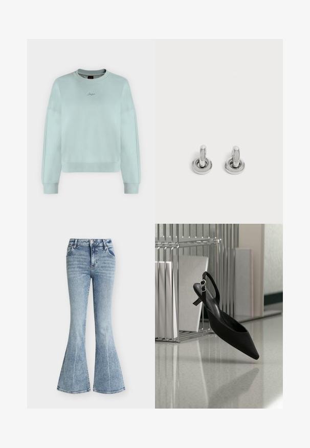 Sweat-shirt court bleu clair à manches longues, poignets et ourlet côtelés, avec petit logo "Boss" en cursive brodé sur la poitrine.; Jean en denim bleu clair taille haute avec un lavage délavé, poches avant, fermeture par bouton et zip, et jambes évasées style pattes d'éléphant.; Chaussure noire à bout pointu, talon kitten et bride arrière, en lévitation près d'un organiseur de dossiers en métal sur un sol réfléchissant.; Paire de petites boucles d'oreilles créoles argentées brillantes avec une base ronde, présentées sur un fond clair uni.