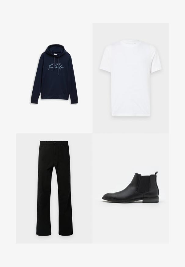 Navyblauer Kapuzenpullover mit Kordelzügen, versehen mit einem auffälligen weißen und hellblauen Logo-Text "Tom Tailor" und dem Jahr 1962. Weicher Stoff.; Weißes Baumwoll-T-Shirt mit Rundhalsausschnitt und kurzen Ärmeln. Mit einem kleinen, eingeprägten Logo auf der linken Brust. Glatte Textur.; Schwarze gerade geschnittene Hosen mit Fronttaschen, Knopfverschluss und Gürtelschlaufen, vor einem weißen Hintergrund präsentiert.; Schwarze Leder-Chelsea-Stiefel mit elastischen Seitenpaneelen, runder Zehenform und Zugschlaufe, ausgestattet mit einem niedrigen Blockabsatz und glatter Textur.