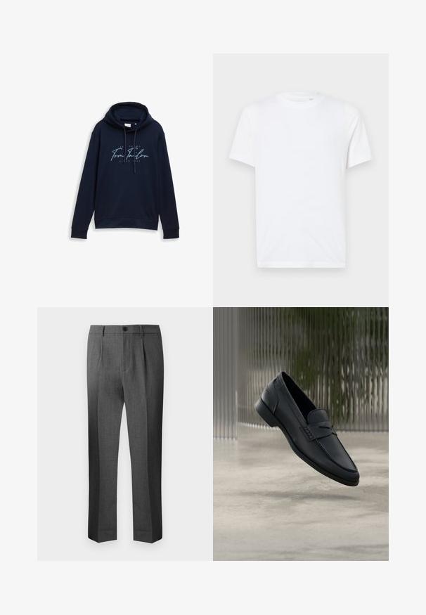 Donkerblauwe hoodie met trekkoorden, met een opvallende witte en lichtblauwe logo tekst "Tom Tailor" met het jaar 1962. Zachte textuur.; Witte katoenen t-shirt met een ronde hals en korte mouwen. Bevat een klein, reliëf logo op de linkerkant van de borst. Gladde textuur.; Grijze op maat gemaakte broek met een gladde textuur, voorzien van een geplooide voorkant, knoopsluiting en rechte pijpen. Eenvoudig ontwerp en strakke lijnen.; Zwarte leren loafer met een gladde afwerking, puntige neus en gestikte details over de wreef. Lage hak en minimalistisch ontwerp.