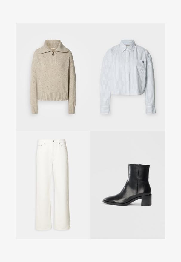 Beige gebreide trui met een hoge kraag, ritsluiting en geribde manchetten en zoom. De textuur bevat spikkels van donkere vezels door het geheel.; Korte blouse in lichtblauw met verticale witte strepen, voorzien van een borstzak en een klein logo aan de linkerkant.; Witte jeans met wijde pijpen, voorste knoopsluiting, riemlussen en een ontwerp met vijf zakken.; Zwarte leren enkellaars met een puntige neus, lage blokhak en subtiele reliëflogo. Gladde textuur met een strak ontwerp en minimale stiksels.