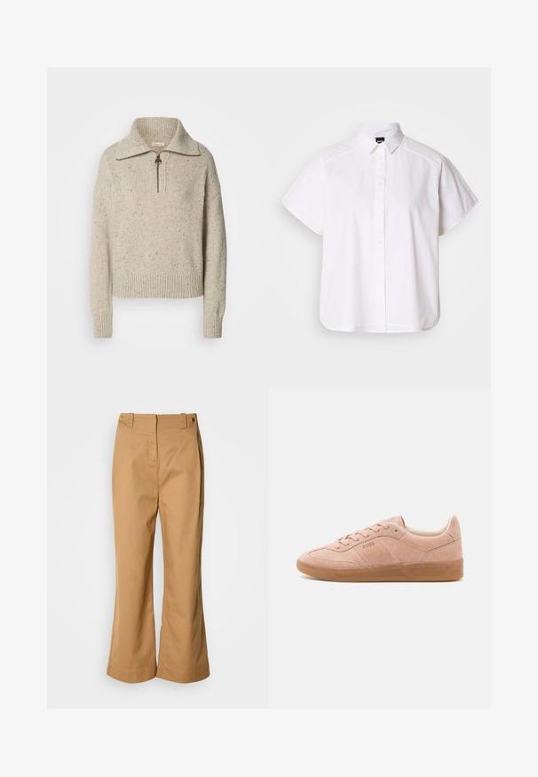 Beige gestrickter Pullover mit hohem Kragen, Reißverschluss und gerippten Bündchen und Saum. Die Textur weist Stellen dunklerer Fasern auf.; Weißes kurzärmliges Hemd mit Knopfleiste, spitzem Kragen und abgerundetem Saum. Hergestellt aus Baumwolle mit glatter Textur und ohne sichtbare Muster.; Weit geschnittene Hose aus beigefarbenem Baumwollstoff, mit hohem Bund, zwei goldfarbenen Knöpfen und glatter Textur. Keine sichtbaren Muster oder Akzente.; Helle rosa Wildleder-Sneaker mit Gummisohle, abgerundetem Zehenbereich und Schnürverschluss. Minimalistisches Branding an der Seite und Ferse.