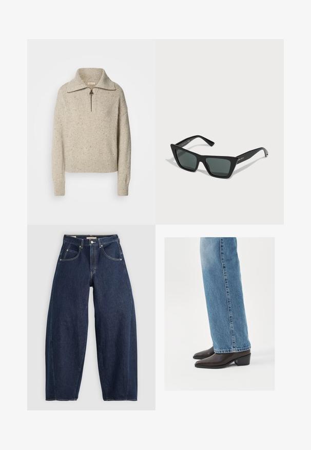 Beige gestrickter Pullover mit hohem Kragen, Reißverschluss und gerippten Bündchen und Saum. Die Textur weist Stellen dunklerer Fasern auf.; Dunkelblaue Denim-Jeans mit lockerer Passform, heller Naht, fünf Taschen und einem Knopfverschluss am Bund.; Braune Leder-Stiefeletten mit spitzer Zehenform und Blockabsatz, kombiniert mit hellblauen, geraden Jeans, die ein sauberes und einfaches Design präsentieren.; Schwarze Sonnenbrille mit quadratischer Form, dunkelgrünen Gläsern und mattem Finish. Verfügt über goldene Beschriftung an den Bügeln und ein elegantes Design.
