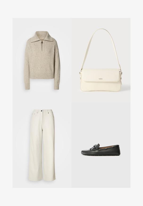 Beige gebreide trui met een hoge kraag, ritsluiting en geribde manchetten en zoom. De textuur bevat spikkels van donkere vezels door het geheel.; Crème wijde benen broek van gladde stof. Heeft een mid-rise taille, ritssluiting en twee voorzakken met zwarte hardware accenten.; Zwarte leren bootshoe met een ronde neus, gestikte details, een kleine strikaccent en een rubberen zool. Soepele textuur en gestroomlijnd ontwerp.; Schoudertas van crèmegekleurd leer met een klepafsluiting, zilverkleurige hardware, een enkele verstelbare riem en subtiele logodetails.