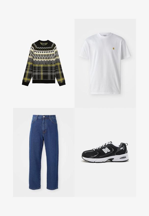 Pull en maille présentant un motif géométrique en noir, gris et jaune, avec un col rond et un tissu texturé. Dessins distinctifs en damier et en zigzag.; T-shirt en coton blanc à manches courtes, col rond, avec un petit logo doré sur la poitrine gauche. Texture douce et coupe régulière.; Jeans en denim taille haute de couleur bleue, avec une coupe droite, des coutures visibles et une fermeture à bouton à l'avant.; Baskets de sport noires et grises avec un tige en mesh et en suède, présentant une semelle intermédiaire blanche, des lacets et un logo "N" audacieux sur le côté.