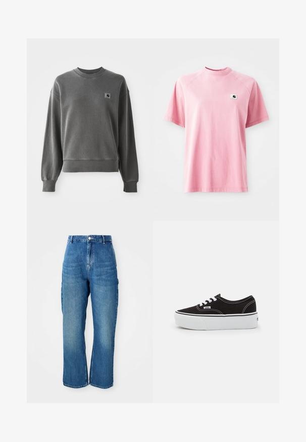 Grijze pullover sweatshirt van een gladde katoenmix, met een ronde hals, geribbelde manchetten en een klein logopatch op de linkerkant van de borst.; Roze katoenen t-shirt met een ronde hals en korte mouwen. Bevat een klein vierkant logo-patch op de linkerborst. Glad textuur.; Hoge taille spijkerbroek met rechte pijpen in blauwe denim, met een knoopsluiting aan de voorkant, ritssluiting en zijcargo pockets op een witte achtergrond.; Zwarte canvas sneaker met een witte rubberen platformzool, voorzien van witte veters en stiksels, iconische branding op de zijkant, low-top ontwerp.