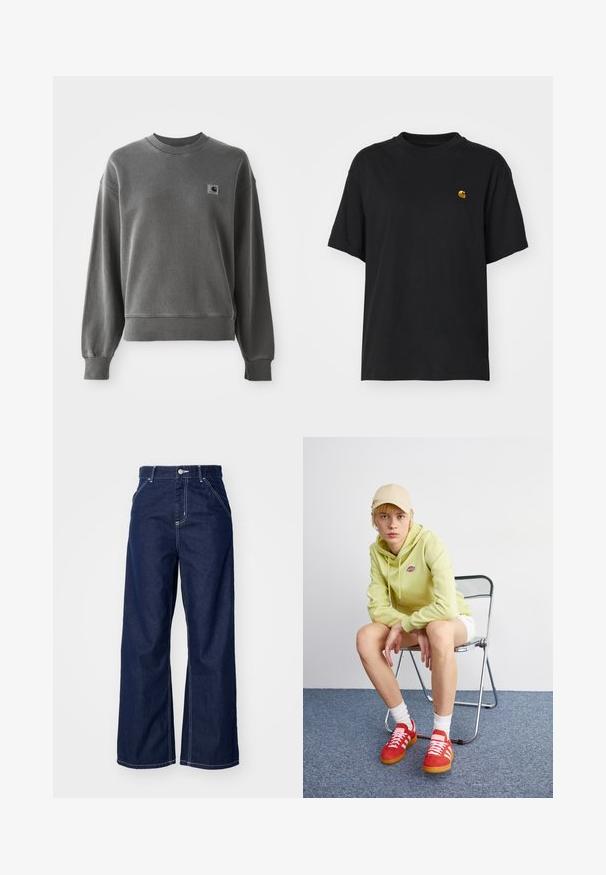 Grijze pullover sweatshirt van een gladde katoenmix, met een ronde hals, geribbelde manchetten en een klein logopatch op de linkerkant van de borst.; Zwarte katoenen t-shirt met een relaxte pasvorm. Heeft een ronde hals en korte mouwen. Bevat een klein goud geborduurd logo op de borst.; Wijd-uitlopende jeans in donkerblauwe denim, met een hoge taille, contrasterende witte stiksels en een traditionele vijf-pocket ontwerp.; Lichtgroene hoodie met logo, witte shorts, rode sneakers met witte strepen, zittend op een chroom opvouwstoel tegen een neutrale achtergrond.