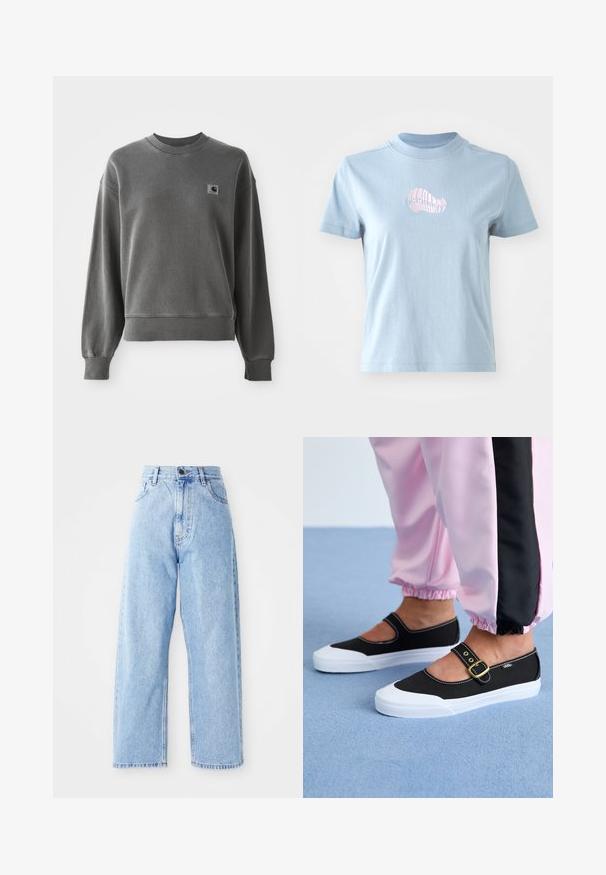 Grå pullover sweatshirt lavet af glat bomuldsblanding, med rund hals, ribbede manchetter og et lille logopatch på venstre bryst.; Lyseblå bomulds T-shirt med korte ærmer og høj halsudskæring, prydet med et lille pink broderet skaldesign på forsiden.; Højhalset lysblå denimjeans med lige vide ben, frontknap, lynlås lukning samt front- og baglommer.; Sorte lærredssko med en hvid sål, der har et udskæringsdesign og et guldspænde. Bæret med lyserøde træningsbukser.