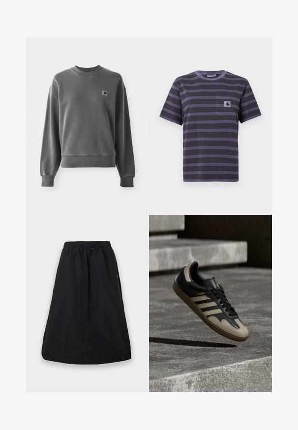 Grijze pullover sweatshirt van een gladde katoenmix, met een ronde hals, geribbelde manchetten en een klein logopatch op de linkerkant van de borst.; Paarse gestreepte t-shirt met een zak op de linkerkant van de borst, voorzien van horizontale zwarte strepen. Zacht stof, korte mouwen, ronde hals.; Zwarte A-lijn rok met elastische tailleband en verstelbare trekkoord, knielengte, effen ontwerp met zijzakken.; Zwarte en beige leren sneaker met drie witte strepen, een beige rubberen zool en gouden "Samba"-details aan de zijkant.