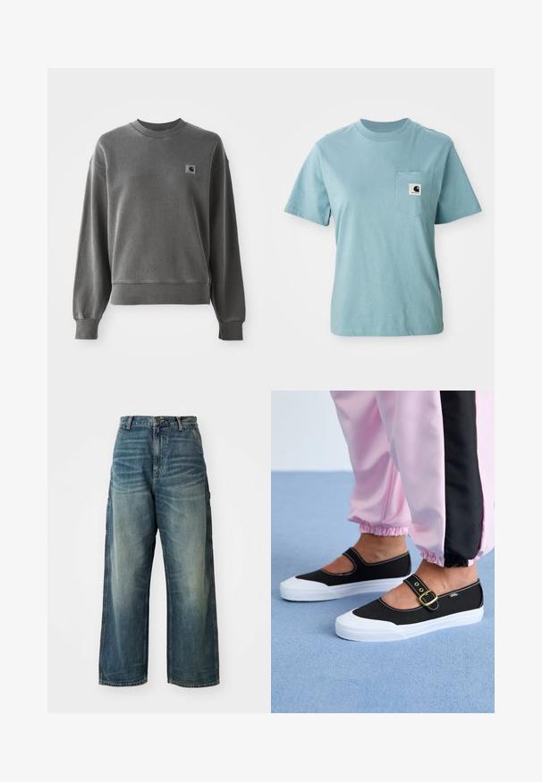 Grijze pullover sweatshirt van een gladde katoenmix, met een ronde hals, geribbelde manchetten en een klein logopatch op de linkerkant van de borst.; Lichtblauw katoenen T-shirt met korte mouwen en een borstzak, voorzien van een klein zwart-wit Carhartt logo patch.; Wijd uitgesneden denim jeans in een vervaagde blauwe wassing. Bevat een knoopsluiting, vijf zakken en zichtbare stiksels. Materiaal heeft een zachte textuur.; Zwarte canvas schoenen met een witte zool, met een uitgesneden ontwerp en een gouden gespband. Draagt met roze joggingsbroek.