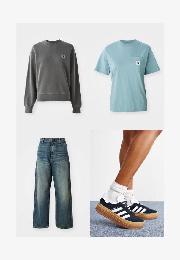Grå pullover sweatshirt lavet af glat bomuldsblanding, med rund hals, ribbede manchetter og et lille logopatch på venstre bryst.; Lyseblå kortærmet bomulds T-shirt med brystlomme og et lille sort-hvidt Carhartt logo patch.; Bredde ben denim jeans i en falmet blå vask. Har en knaplukning, fem lommer og synlige sømme. Materialet har en glat tekstur.; Ben iført hvide sokker og sorte Adidas Gazelle sneakers med hvide striber og tykke brune såler på et gråt tæppe.