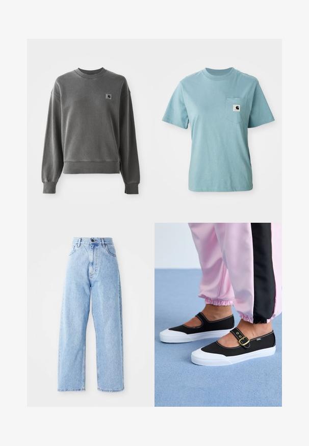 Grijze pullover sweatshirt van een gladde katoenmix, met een ronde hals, geribbelde manchetten en een klein logopatch op de linkerkant van de borst.; Lichtblauw katoenen T-shirt met korte mouwen en een borstzak, voorzien van een klein zwart-wit Carhartt logo patch.; Hogewaisted lichtblauwe denim jeans met rechte wijde pijpen, voorste knoop, ritssluiting en voor- en achterkant zakken.; Zwarte canvas schoenen met een witte zool, met een uitgesneden ontwerp en een gouden gespband. Draagt met roze joggingsbroek.