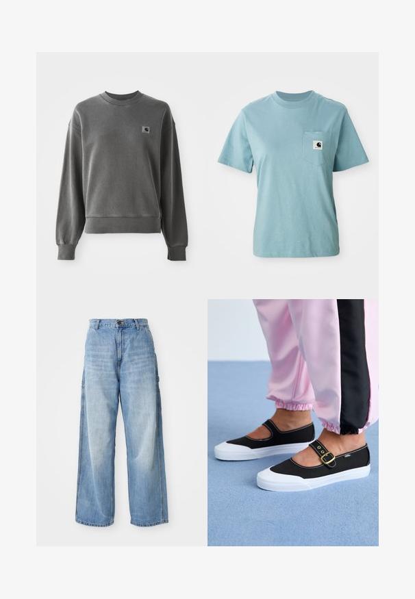 Grau pullover Sweatshirt aus glattem Baumwollmix, mit rundem Halsausschnitt, gerippten Bündchen und einem kleinen Logopatch auf der linken Brust.; Helles blaues, kurzärmliges Baumwoll-T-Shirt mit Brusttasche, das mit einem kleinen schwarz-weißen Carhartt-Logo-Patch versehen ist.; Hellblaue weite Jeans mit hoher Taille, ausgestattet mit seitlichen Taschen und einer ausgeblichenen Textur, aus Denim-Material gefertigt.; Schwarze Leinenschuhe mit einer weißen Sohle, die ein Ausschnittdesign und einen goldenen Schnallenriegel aufweisen. Getragen mit rosa Sporthosen.