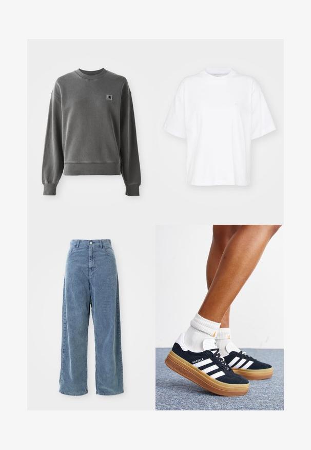 Grau pullover Sweatshirt aus glattem Baumwollmix, mit rundem Halsausschnitt, gerippten Bündchen und einem kleinen Logopatch auf der linken Brust.; Weißes Baumwoll-T-Shirt mit Rundhalsausschnitt, kurzen Ärmeln und lockerer Passform. Verfügt über ein dezentes Logo auf der linken Brustseite. Glatte Textur.; Weite blaue Cordhosen mit vertikaler Ripptextur, frontaler Knopfverschluss und Gürtelschlaufen sowie einer lässigen Silhouette.; Beine mit weißen Socken und schwarzen Adidas Gazelle Sneakers mit weißen Streifen und dicken braunen Sohlen auf einem grauen Teppichboden.