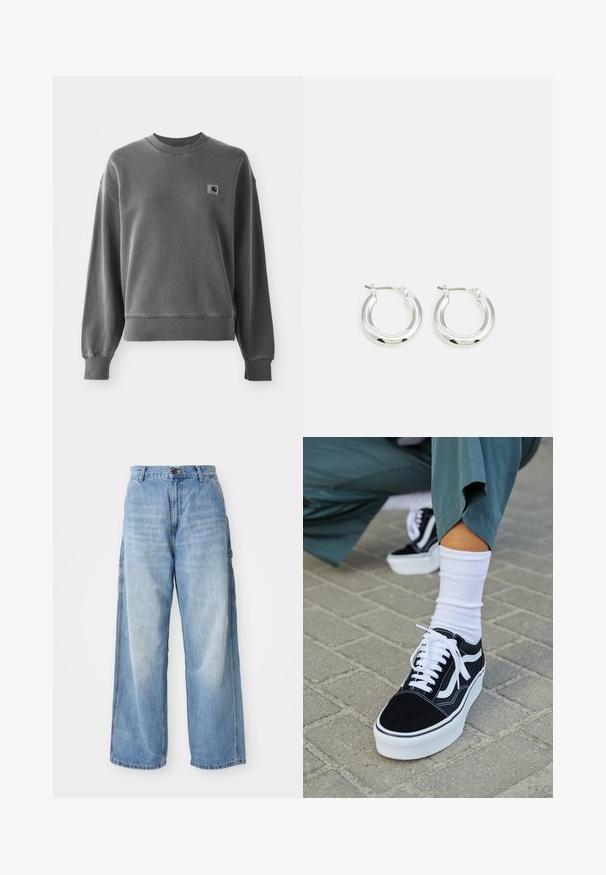 Grijze pullover sweatshirt van een gladde katoenmix, met een ronde hals, geribbelde manchetten en een klein logopatch op de linkerkant van de borst.; Lichtblauwe wijde jeans met een hoge taille, voorzien van zijzakken en een vervaagde textuur, vervaardigd uit denim materiaal.; Zwarte suède sneaker met witte accenten en veters, uitgerust met een dikke witte zool en contrasterende stiksels, gecombineerd met een witte sok.; Zilveren oorbellen in de vorm van een ring met een gepolijste afwerking, met een cirkelvorm en een scharnierende postsluiting. Glad oppervlak met minimale details.