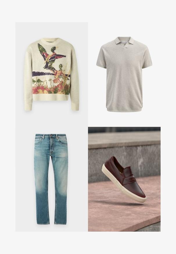 Pull en maille crème avec un motif multicolore de canards en vol sur un fond naturel. Col et poignets côtelés.; Polo beige texturé à manches courtes avec col et légère ouverture en V, portant l'étiquette Jack & Jones.; Jean denim bleu délavé pour hommes, coupe slim, avec poches avant, passants pour ceinture, fermeture par bouton, et détails de décoloration subtile au niveau des cuisses.; Baskets en cuir marron à enfiler avec semelle en caoutchouc blanche flottant au-dessus d'une surface en pierre sur fond de pierre grise.