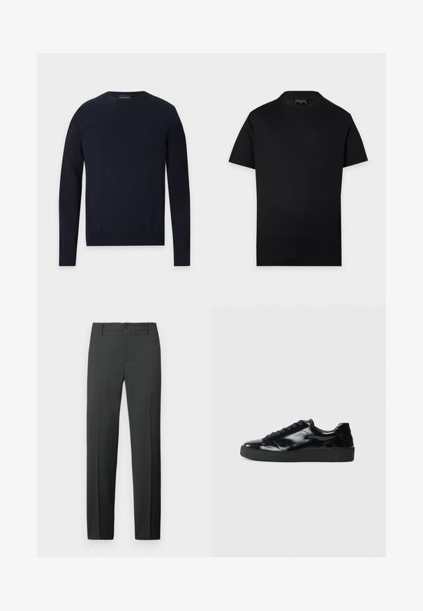 Pull bleu marine à col rond, manches longues, avec poignets et ourlet côtelés sur fond gris clair.; T-shirt noir uni à manches courtes avec col rond, petit logo discret sur la poitrine et étiquette visible dans le cou sur fond gris.; Pantalon gris foncé sur mesure en tissu lisse. Comprend une fermeture à boutons, des passants pour ceinture et des jambes droites pour une coupe classique.; Baskets en cuir verni noir avec un bout arrondi, un laçage, une semelle en caoutchouc texturé et une finition lisse.