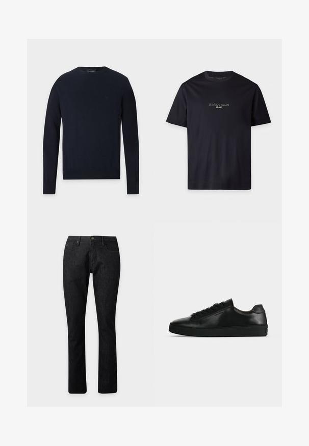 Pull bleu marine à col rond, manches longues, avec poignets et ourlet côtelés sur fond gris clair.; T-shirt noir à manches courtes avec col rond, texte "EMPORIO ARMANI MILANO" centré sur la poitrine en petite police blanche.; Jean droit en denim noir avec fermeture avant par bouton et zip, passants de ceinture et design à cinq poches.; Basket basse en cuir noir avec lacets noirs et semelle épaisse noire, vue de profil sur fond gris clair.