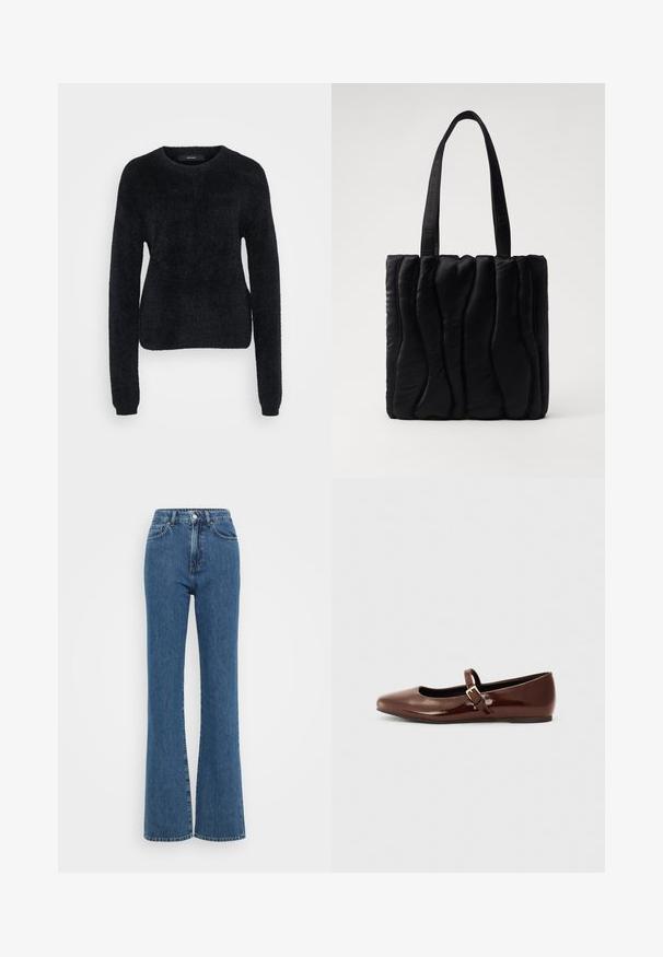 Suéter negro hecho de un tejido esponjoso, con mangas largas, un escote redondo y un dobladillo ligeramente corto con una superficie texturizada.; Jeans de mezclilla azul de cintura alta con un diseño de pierna acampanada, que cuentan con un cierre de botón, detalles de costura y bolsillos delanteros.; Bailarina de charol marrón con punta cuadrada y tira que presenta una pequeña hebilla dorada. Textura suave, tacón bajo y diseño minimalista.; Tote negro hecho de tela acolchada, con una textura ondulada, dos asas resistentes y una forma rectangular. Diseño simple y moderno.