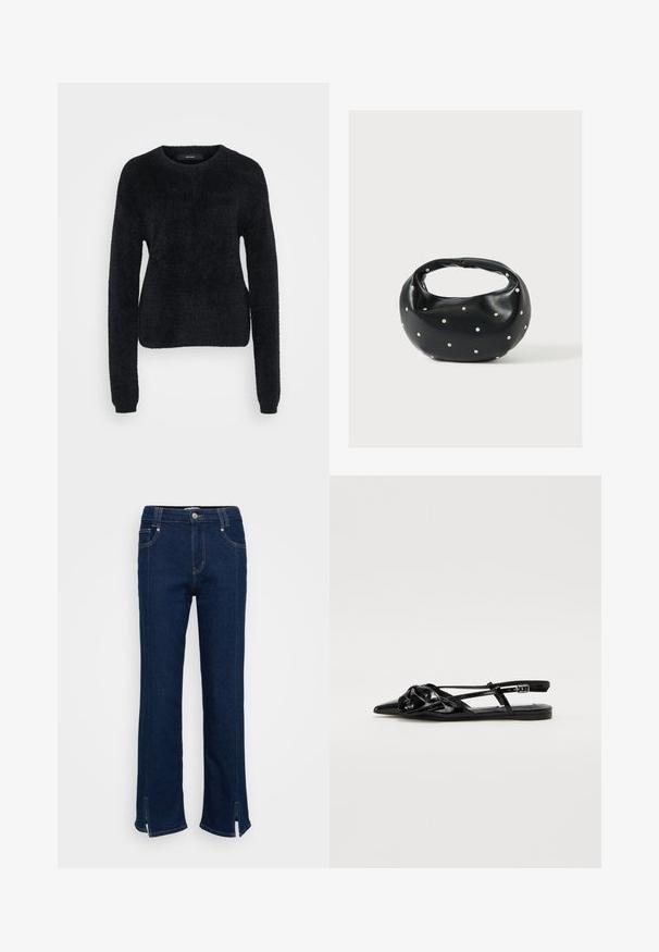 Sort sweater lavet af blødt stof, med lange ærmer, en rund halsudskæring og en let croppet kant med en tekstureret overflade.; Mørkeblå denim jeans med lige ben-design, der har subtile syninger og sideslids ved kanten for et unikt finish.; Sorte patentlæder slingback sko med spids tå, knude detalje på overdelen og flad sål. Har tynde stropper og justerbart spænde.; Sort læderhåndtaske med en rundet form, dekoreret med sølvnitter, og et kort håndtag. Glat tekstur og lynlåslukning.