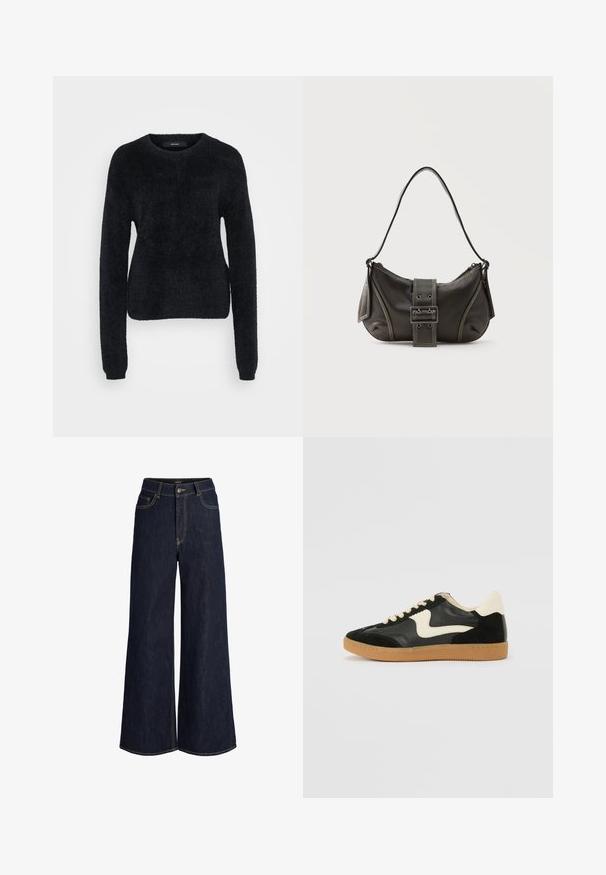 Sort sweater lavet af blødt stof, med lange ærmer, en rund halsudskæring og en let croppet kant med en tekstureret overflade.; Mørkeblå vidde jeans med frontknap og lynlås, for- og møntlommer samt synlige kontrastsømme.; Sorte ruskinds- og lædersneakers med en cremefarvet side-swoosh og lys cremefarvet hæl. Har beige snørebånd og en gummirubber-sål.; Sort læder skuldertaske med spænde på remmen, afrundede kanter og kontrasterende hvide syninger på en ensfarvet baggrund.