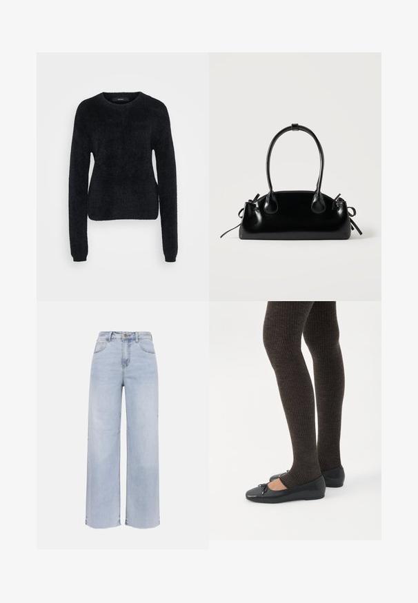 Zwarte trui gemaakt van pluizige stof, met lange mouwen, een ronde halslijn en een iets verkorte zoom met een gestructureerd oppervlak.; Lichtblauwe jeans met hoge taille en wijde pijpen, voorzien van een knoop- en ritssluiting aan de voorkant, twee voorzakken en twee achterzakken, en een onafgewerkte zoom.; Benen met donkere geribbelde leggings gecombineerd met zwarte ballerina's met kleine strikdetails op een witte achtergrond.; Kleine zwarte glanzende handtas met twee lange hengsels en zijkant trekkoord details op een effen lichte achtergrond.