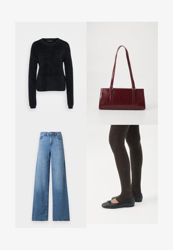 Sort sweater lavet af blødt stof, med lange ærmer, en rund halsudskæring og en let croppet kant med en tekstureret overflade.; Lyseblå jeans med højtaljet, vide ben, frontknap og lynlås, lommer foran og bagpå samt subtil afblegning på lårene.; Ben iført mørke ribbede leggings kombineret med sorte balletsko med små sløjfedetaljer på hvid baggrund.; Bordeaux håndtaske lavet af glansfuldt materiale, rektangulær form, med to skulderremme og subtile buede detaljer på forsiden.